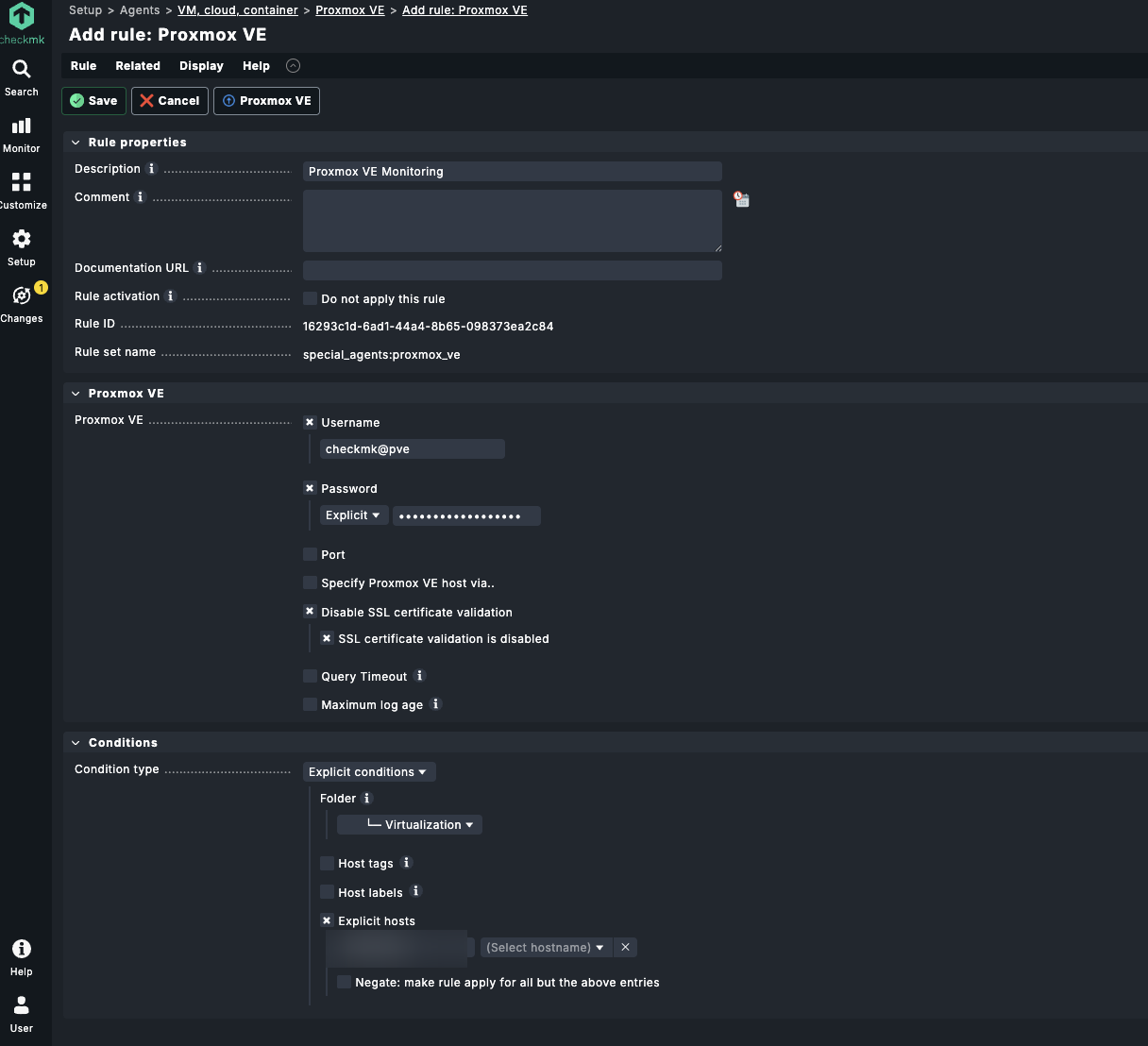 Der Proxmox-Special-Agent mit expliziter Einschränkung auf den Proxmox-Host. Der interne Hostname wurde anonymisiert.
