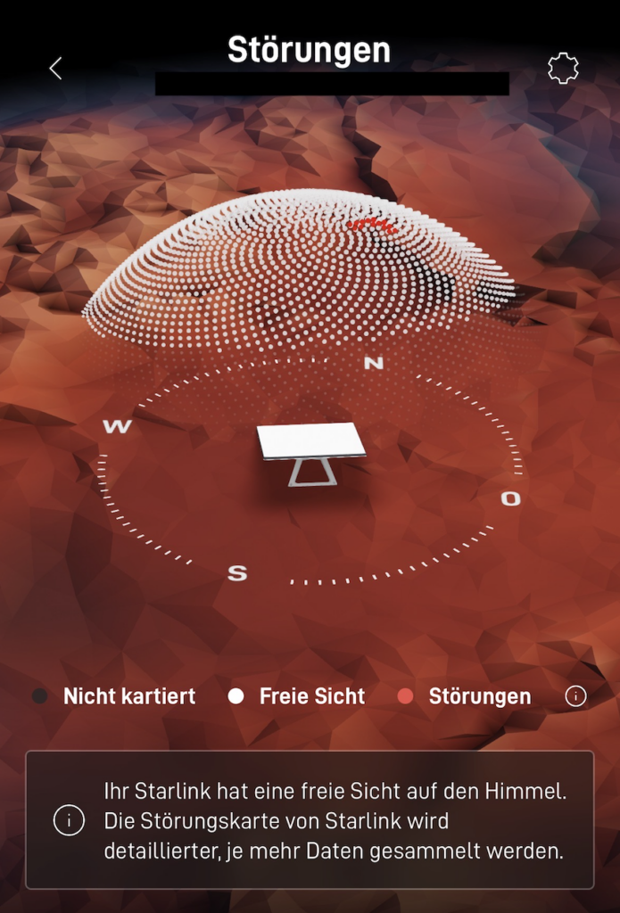 Die Starlink-Hinderniskarte zeigt praktisch freie Sicht auf den Himmel.
