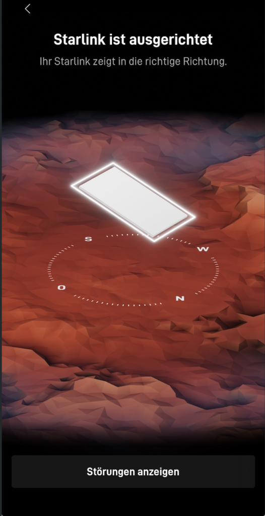 Die Starlink-App bestätigt die korrekte Ausrichtung der Antenne.